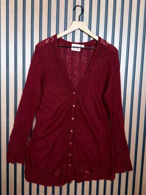 Rosie Neira Cardigan XL Womens Burgundy Button Front Open Front